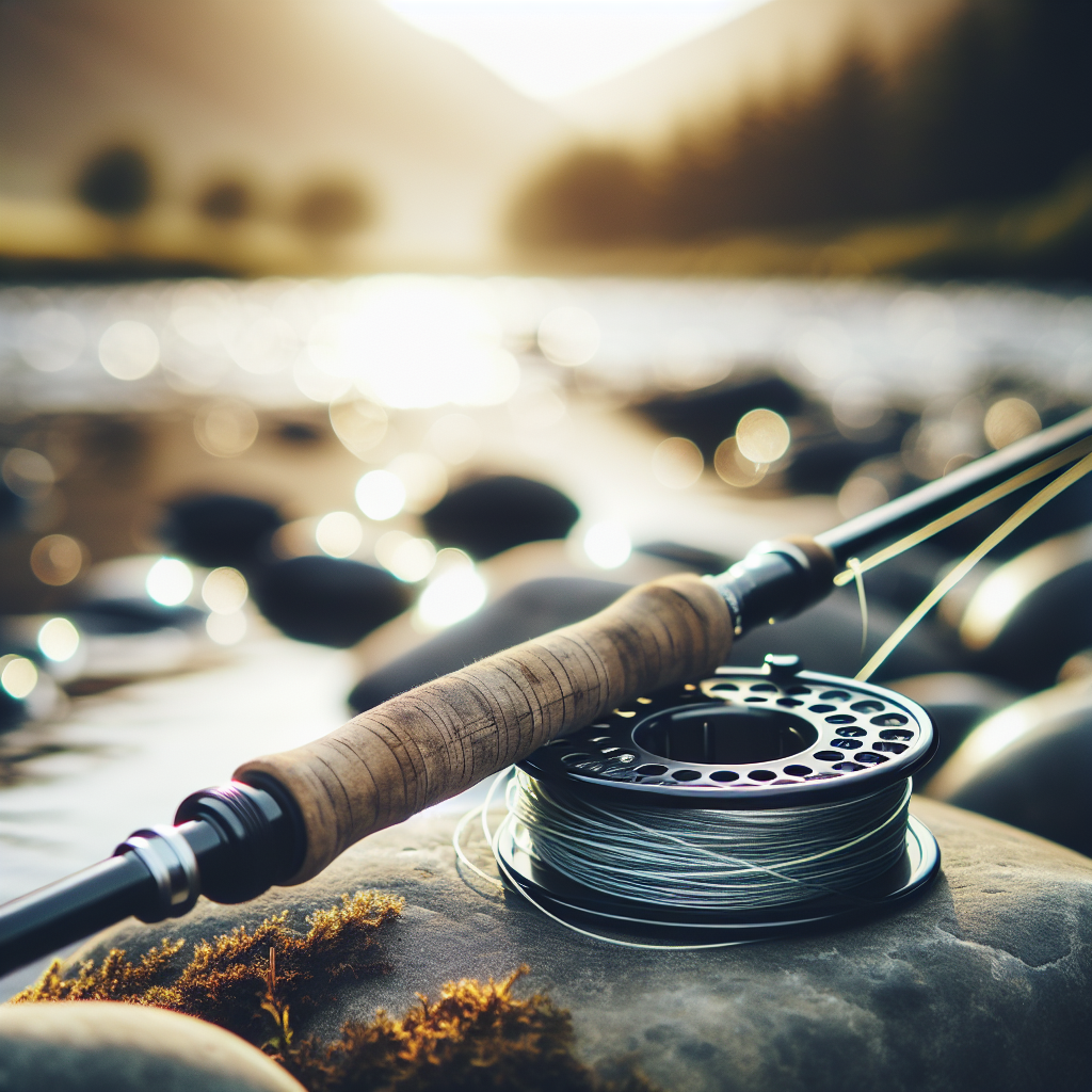 En moderne fluestang i karbon liggende på en stein ved elvebredden i tidlig morgenlys, med fluesnøre rullet pent og en myk bokeh bakgrunn