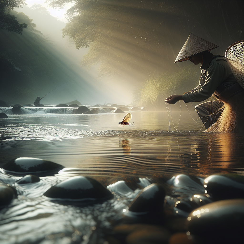 En fisker i elv som praktiserer nymfeteknikk ved å presentere en nymfe nær bunnen, dempet morgenlys, strømrygger og detaljerte fluer synlig over klart vann