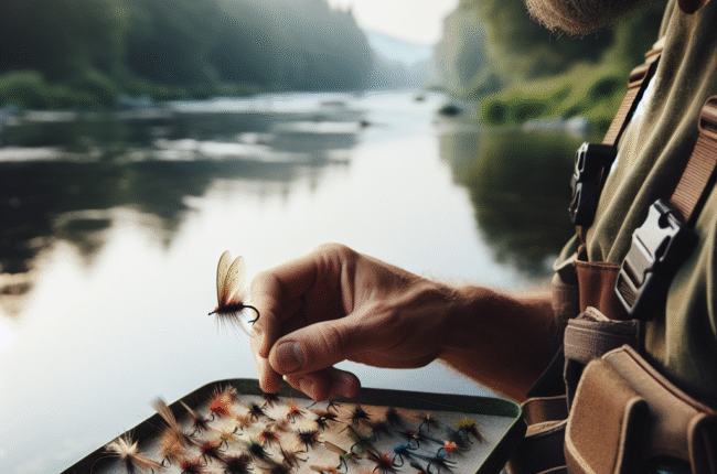 Nærbilde av en angler ved elvebredden som justerer en flue i hånden, naturlig lys, detaljerte fluer i eske, rolig elv i bakgrunnen